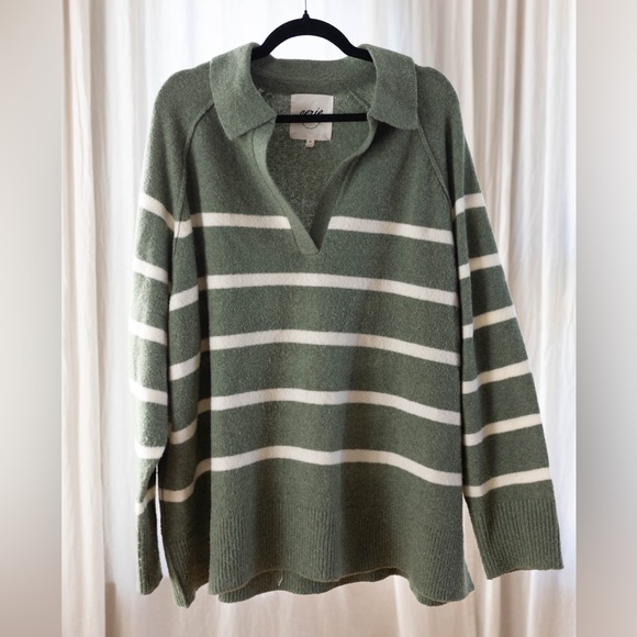 aerie Sweaters - Aerie Olive and White Striped V-Neck Sweater
